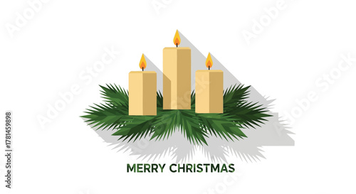 Three lit pillar candles on a bed of evergreen branches with merry christmas text below