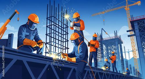 Construction Workers Welding on Site Illustration for Industry and Building