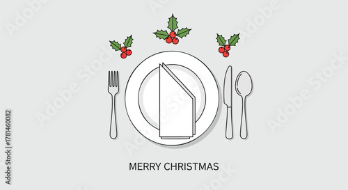 Elegant christmas dinner setting with holly accents and merry christmas text