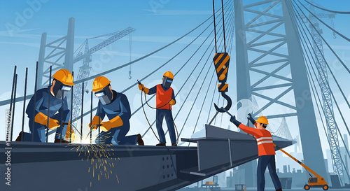 Construction Workers Building a Bridge with Welding and Heavy Lifting