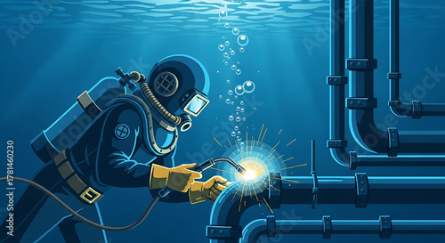 Underwater Welder Fixing Pipes Illustration in the Ocean