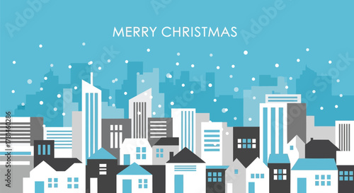 Flat design illustration of a snowy cityscape with the text merry christmas in white against a blue sky