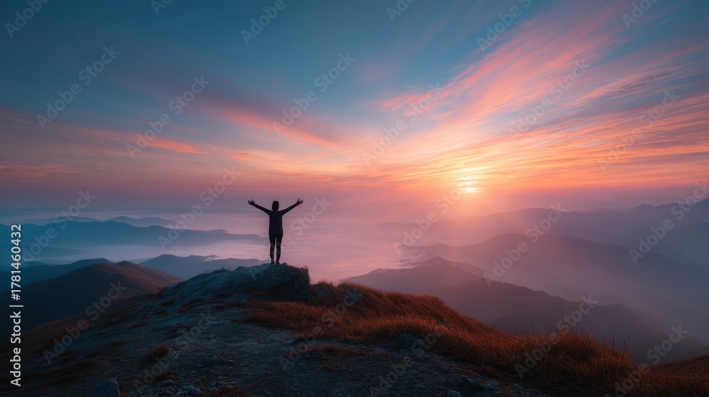 Obraz premium Person Standing on Mountain Peak During Vibrant Sunset Overlooking Majestic Landscape with Beautiful Colors and Dramatic Clouds in the Sky