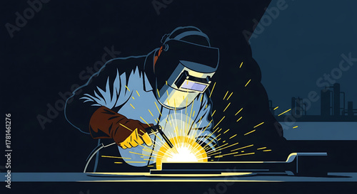 Welder at work creating sparks, industry, construction, safety and protection