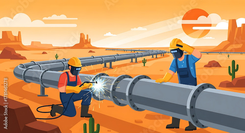 Pipeline Construction in Desert Landscape with Welders at Work