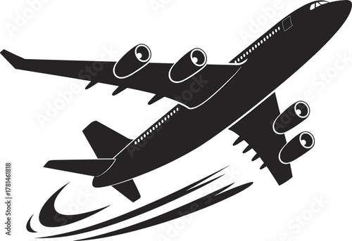 Commercial airplane silhouette taking off into sky with motion lines, symbolizing aviation, travel, flight speed, and global transportation concept vector