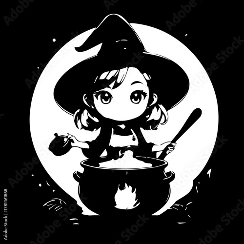 Adorable Chibi Witch Stirring Cauldron with Pumpkin, Black and White Vector Art
