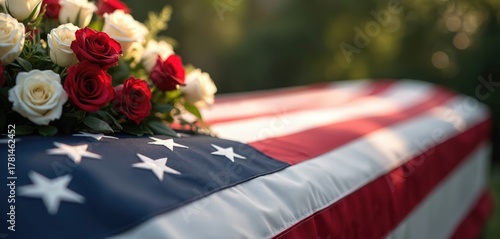 American flag drapes coffin, adorned with fresh red, white roses. National honor, respect for veteran fallen hero. Solemn outdoor funeral memorial service takes place for military personnel. Grief, © Pete
