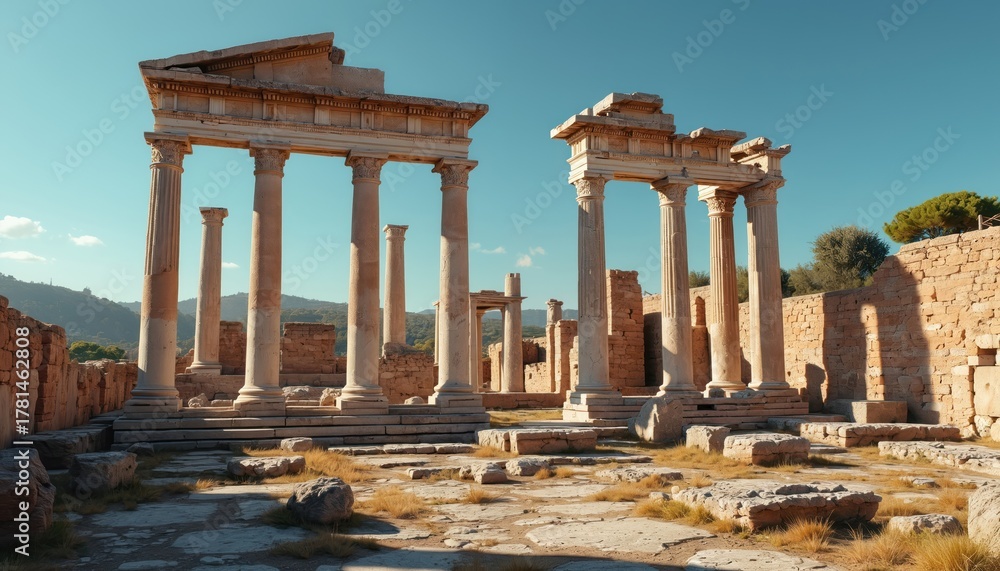 Fototapeta premium Ancient ruins with columns stand under clear sky. Historic building in daylight shows remnants of old civilization. Architectural details display classic design on historical site.