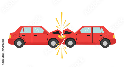 Red car crash with impact sparks illustrated in flat style silhouette
