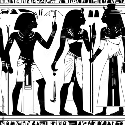 Ancient Egyptian Figures in Hieroglyphic Style with Detailed Garments