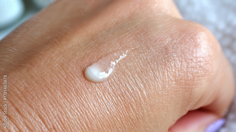 Fototapeta premium Close-Up of Creamy Skincare Product Droplet on Hand with Natural Skin Tone Showcasing Hydration and Moisture in Beauty Routine