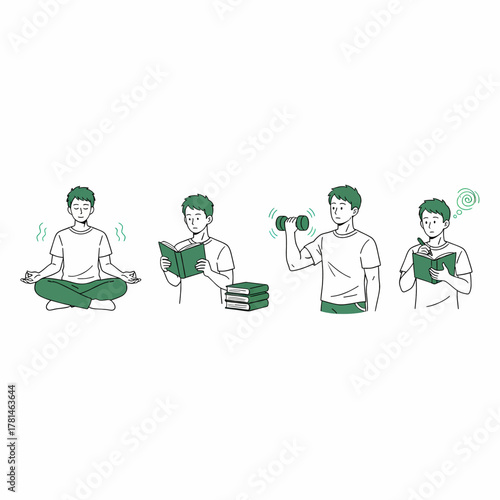 Diverse Illustrations Depicting Activities Meditation, Reading, Exercise, and Contemplation