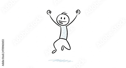 A simple stick figure drawing of a happy person jumping with arms raised in the air, expressing joy and excitement.