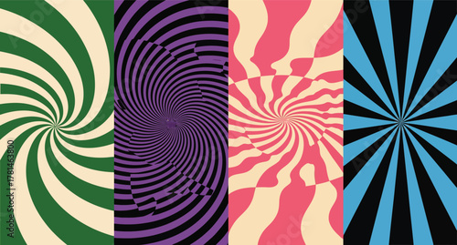 Four vertical panels of psychedelic swirl and starburst patterns in vibrant colors