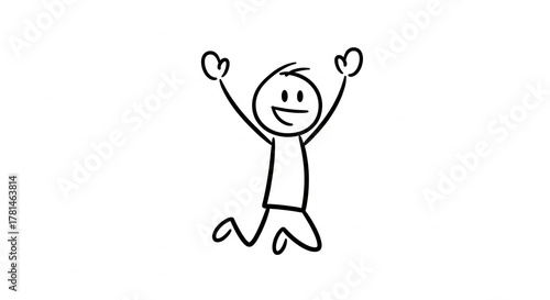 A simple black and white stick figure drawing of a person jumping with arms raised in excitement and joy.