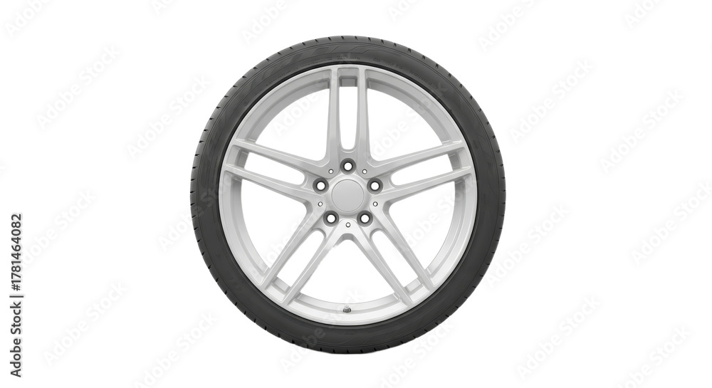 Obraz premium Silver alloy car wheel with black tire on transparent background