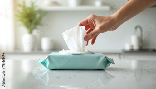 Hand takes white wipe from blue pack on kitchen counter. Clean surface reflects light. Convenience, hygiene, sanitation product for home use. © Pete