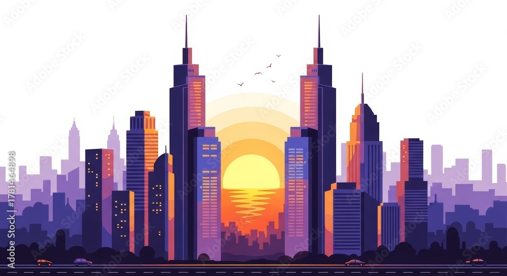 Fototapeta premium Vibrant sunset behind a modern city skyline with skyscrapers and architecture