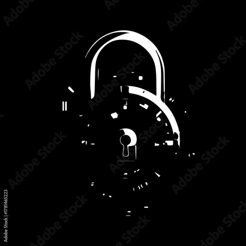 Stylized White Lock with Keyhole and Abstract Elements on Black