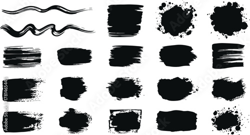 Collection of black paint brush strokes and splatters on white background