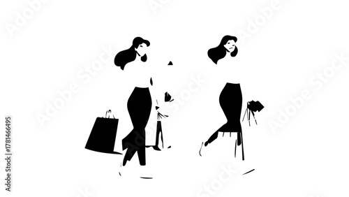 Two stylish women with shopping bags and camera equipment