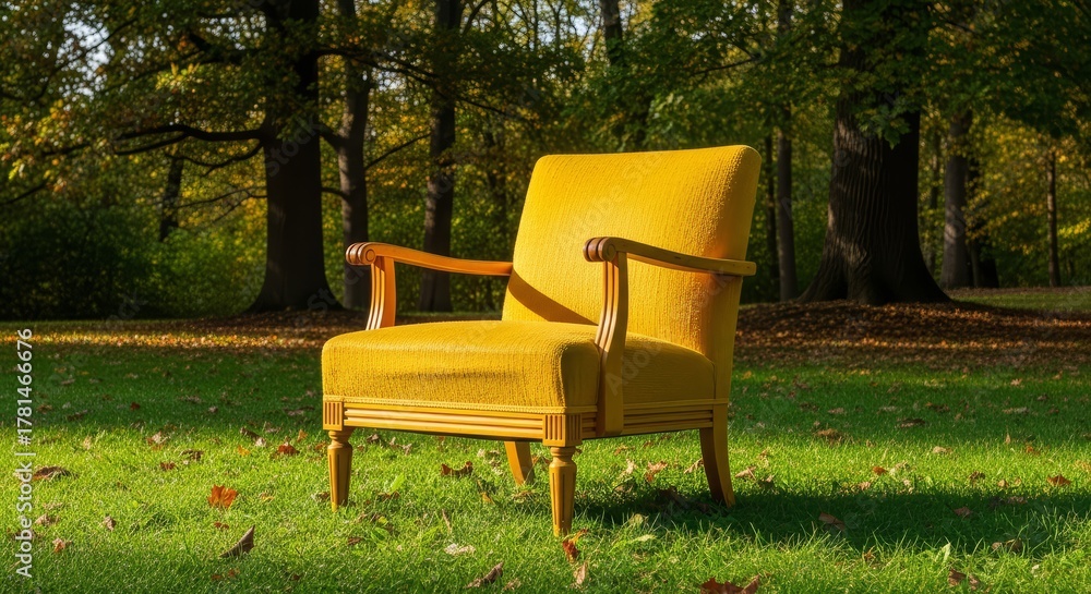 Fototapeta premium Comfortable Yellow armchair relaxing in lush green garden
