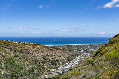 Fototapeta Naklejka Na Ścianę i Meble -  Waiʻalae Nui Gulch. Mauʻumae Ridge Trail (Puʻu Lanipō), Honoululu, Oahu, Hawaii. Koʻolau Range, shield volcano.