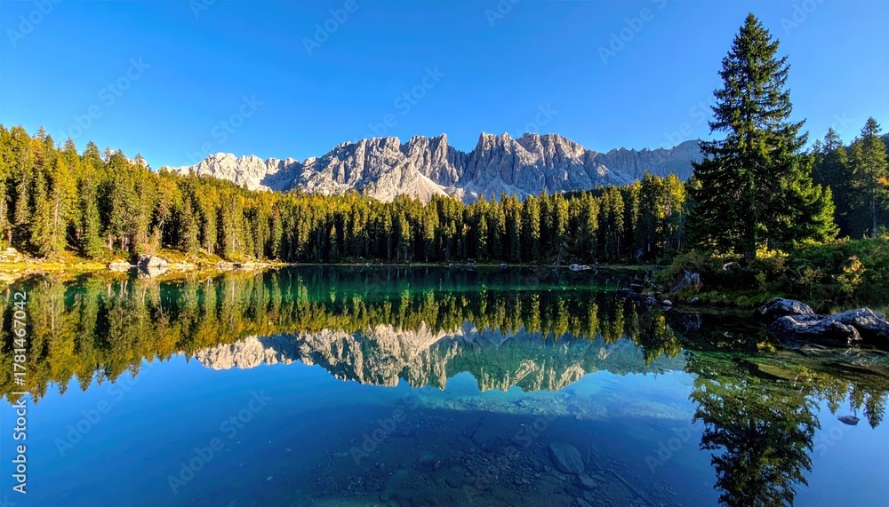 Fototapeta premium Vibrant Mountain Lake Reflecting Majestic Peaks and Evergreen Forest Under a Clear Blue Sky