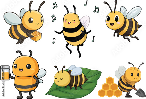 Cute bee cartoon characters dancing and playing on leaf stage