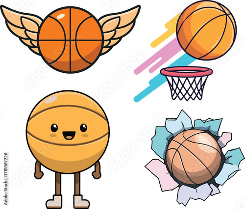Fun basketball clipart set with flying ball and smiling hoop