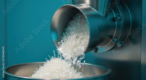 Plastic granules pouring from industrial machine into metal container for polymer processing and manufacturing modern factory production of synthetic raw materials
