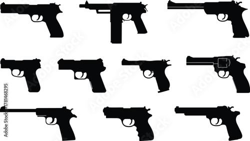Collection of nine black handgun silhouettes in grid layout showing pistol and revolver designs for security, education, and forensic use