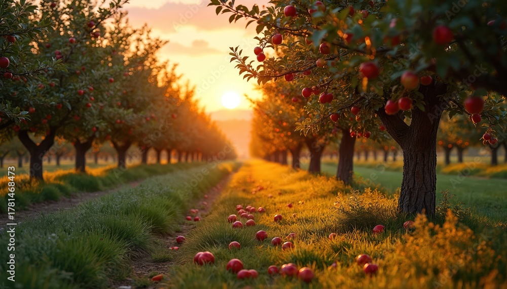 Naklejka premium Sunset over apple orchard farm with ripe fruits. Trees stand in rows along grassy path. Apples lie on ground. Scenic warm evening in fruit garden. Agriculture concept with sun.