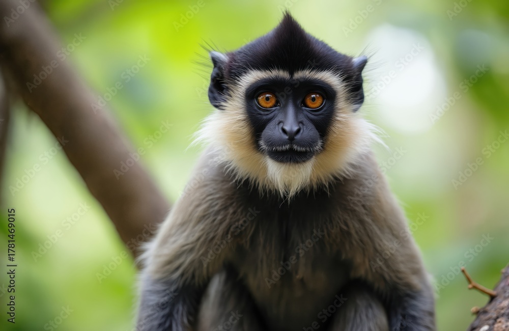 Obraz premium Primate with orange eyes sits on branch in forest. This wild animal has dark face, fuzzy ears, and light fur around neck. Monkey looks directly at camera.