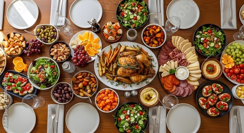 A beautifully arranged table laden with a festive holiday meal