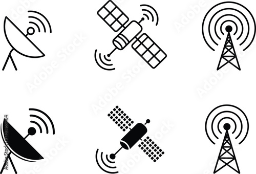 Communication technology icons set with satellite, radio tower, signal waves, broadcasting equipment, vector illustration, black silhouette, isolated design elements