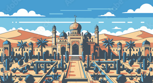 A beautiful illustration of an Arabian palace with a lush garden oasis situated in a vast desert landscape with sand dunes