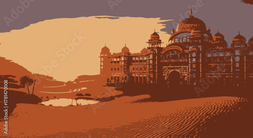 Majestic ornate palace rising from arid desert landscape at sunset, rendered in a unique stylized pixel art illustration, evoking ancient grandeur and mysterious exotic beauty