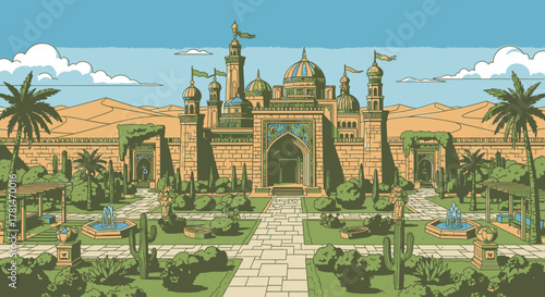 Majestic Desert Palace An Ornate Architectural Fantasy with Lush Oasis Gardens Amidst Sandy Dunes Under a Clear Sky