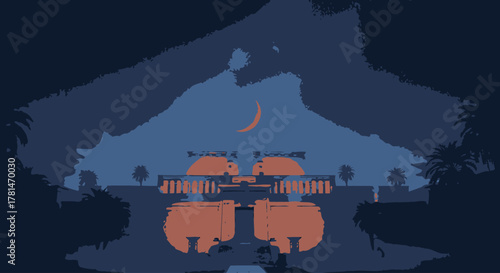 Serene evening view of an ancient structure reflecting in calm water under a crescent moon with silhouetted trees