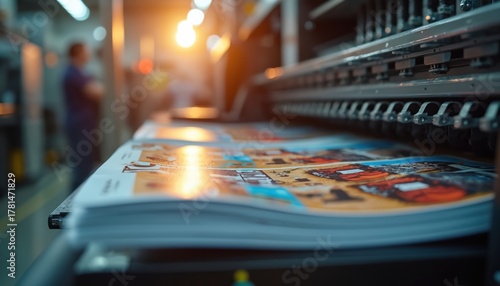 Industrial printing press operates fast producing magazines. Color ink transfers onto paper. Manufacturing facility creates printed materials for public.
