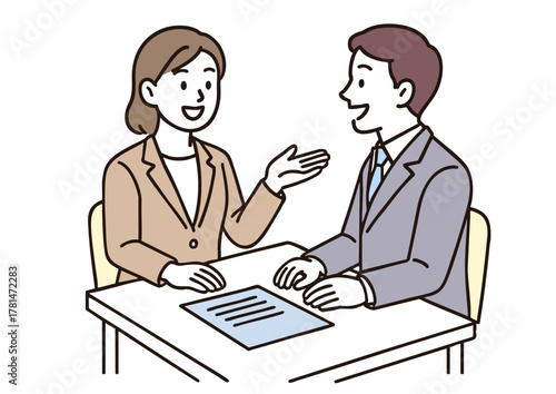 商談面接で話す男女のビジネスマンイラスト