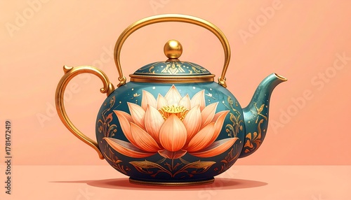 A teal and gold decorative teapot is centered against a soft peach backdrop. It features an ornate lotus flower design