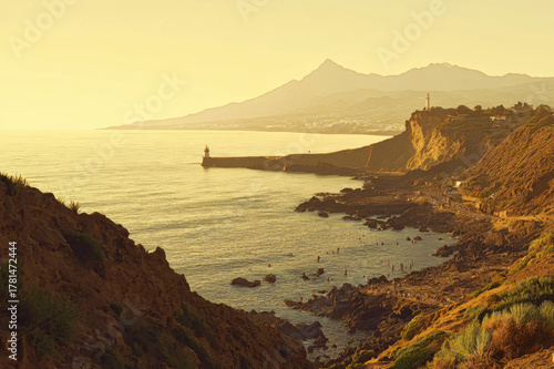 Sunset over the sea on the coast of Crete with beach and rocks