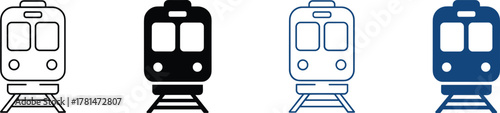 Colorful train icon set in outline and silhouette styles, perfect for transport, subway, metro, signage, and UI design themes.