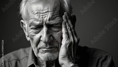 Elderly man with hand on temple looks distressed. Wrinkled face shows sadness frustration or pain. He might be suffering from hearing loss or a headache.