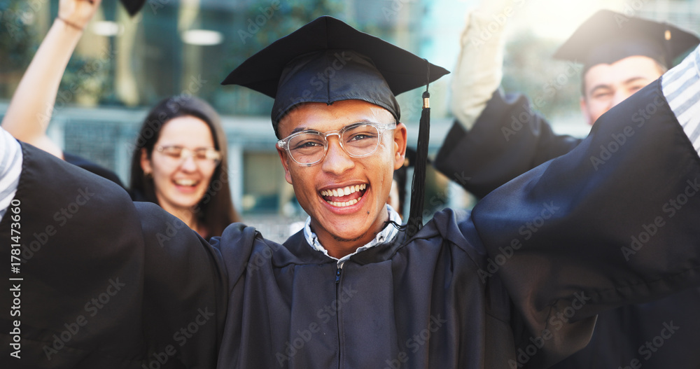 Fototapeta premium Portrait, excited man and celebrate graduation, success or education achievement outdoor. Graduate, person and happy student cheering for milestone, college goal or university target with friends