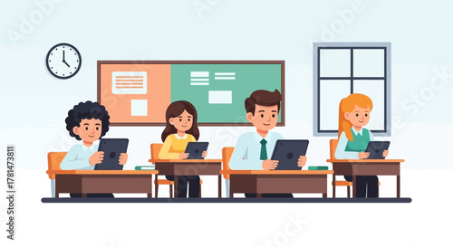 Diverse students in a modern classroom using digital tablets for interactive e-learning and education technology