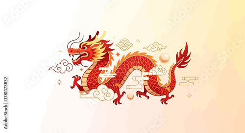 A majestic red and gold Chinese dragon soaring through celestial clouds, a powerful symbol of luck and prosperity
